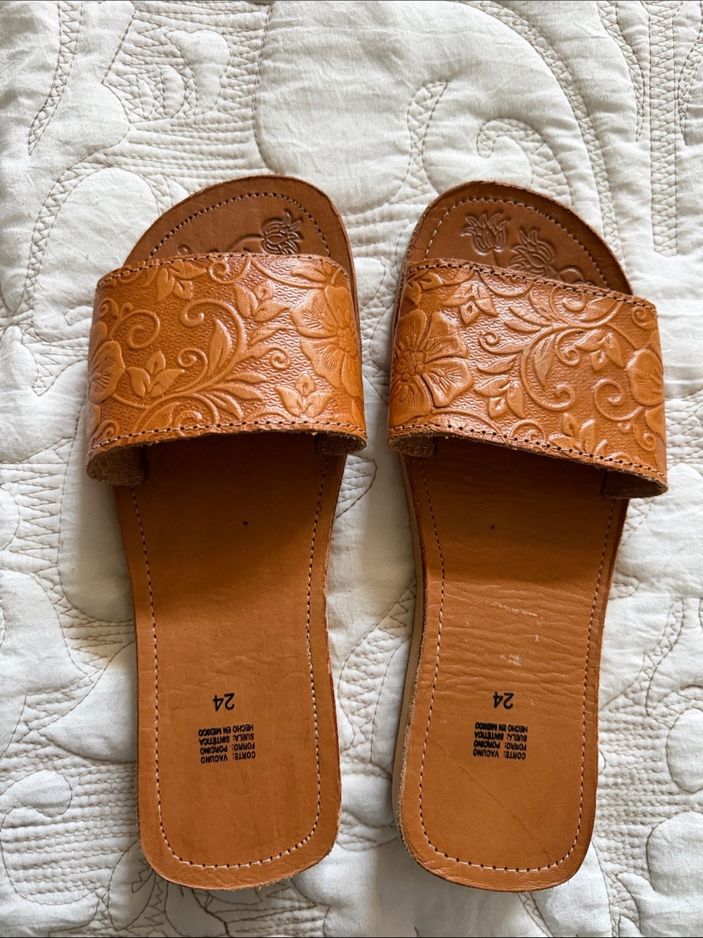 Mexican Leather Slide-in sandals, Hand-Tooled in Cognac size 7